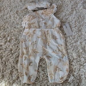 Smocked One-Shoulder Baby Romper in Cream with Tan Leaf Print